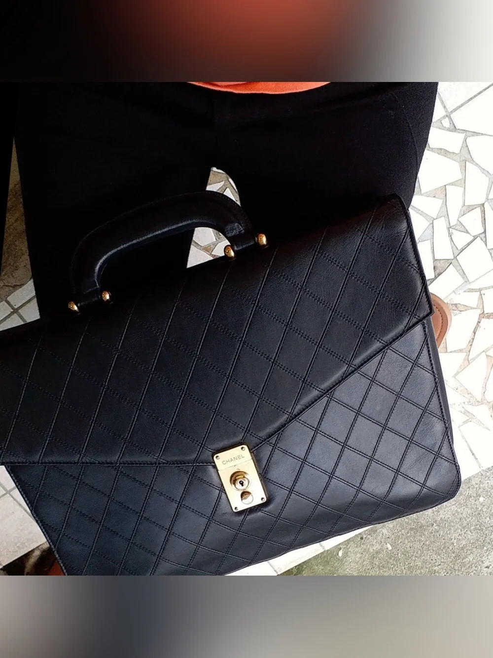 Authentic CHANEL black leather wild stitch vintage unisex briefcase laptop bag
